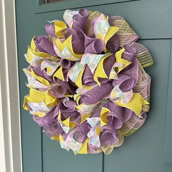 Handmade 24” Easter WreathPastel Spring Mesh & Ribbon Door Decor Pouf Wreath